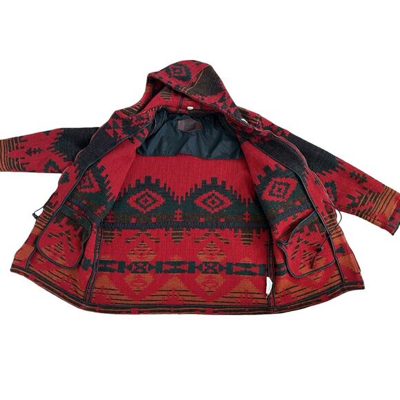 VTG Woolrich Womens Aztec Wool Hooded Jacket Size L Red Tribal Native USA 90s - Picture 11 of 16